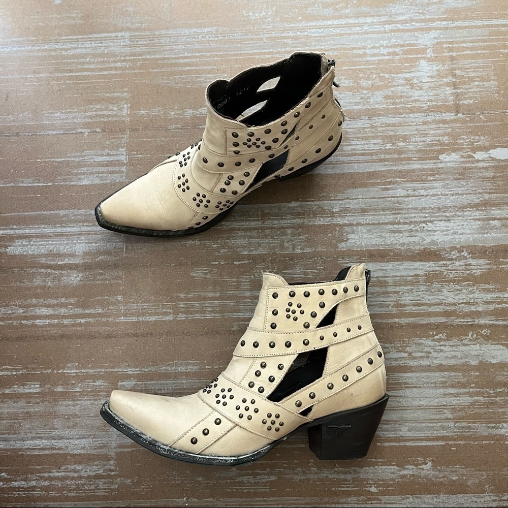Lane Studs & Straps White Leather Studded Ankle Booties Western Boho Rodeo